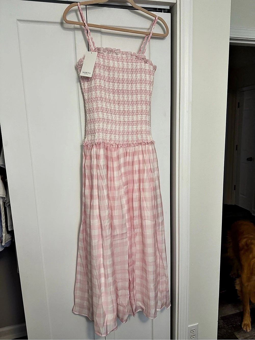 Worth Collective Pink Gingham Smocked Maxi Dress NWT